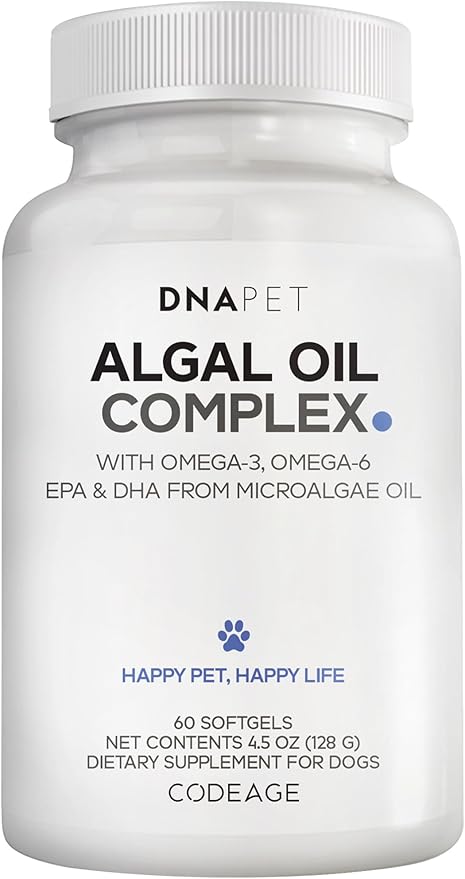 Algal Oil Complex for Dogs – Omega 3 &amp 6 Fatty Acids with EPA &amp DHA from Microalgae – Fish-Free Omega Oil Supplement for Dogs – All Breeds – 60 Softgels