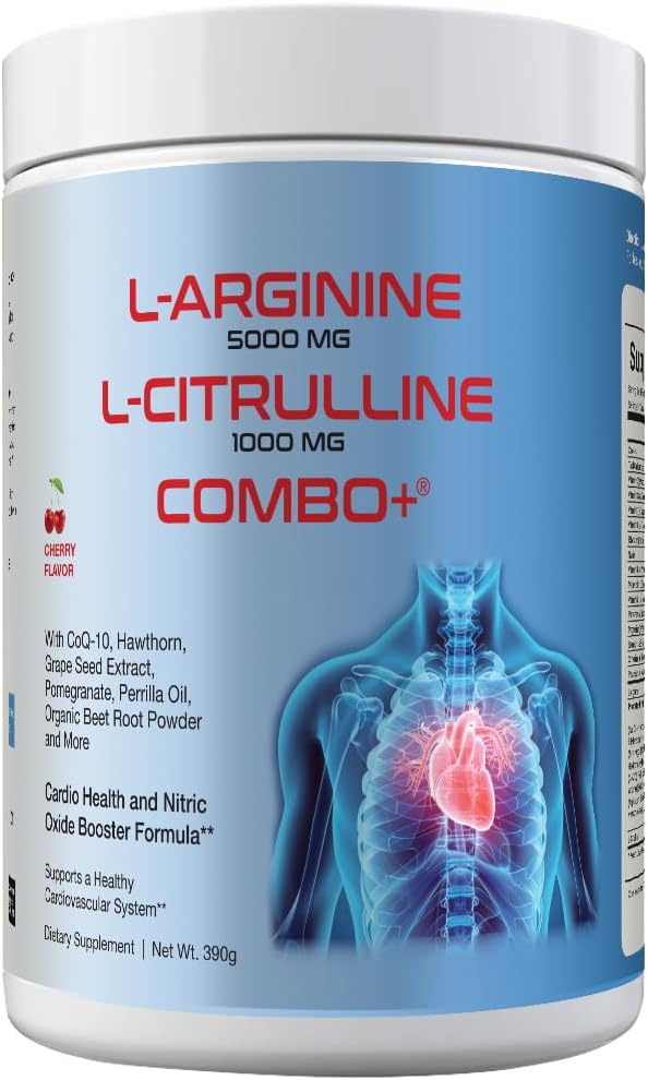 L-Arginine 5000mg &amp L-Citrulline 1000mg Combo+® - Cherry 30 Servings 390g Nitric Oxide Booster Drink Mix Powder - CoQ10 &amp Organic Beet Root - High Potency Heart &amp Circulation Support USA
