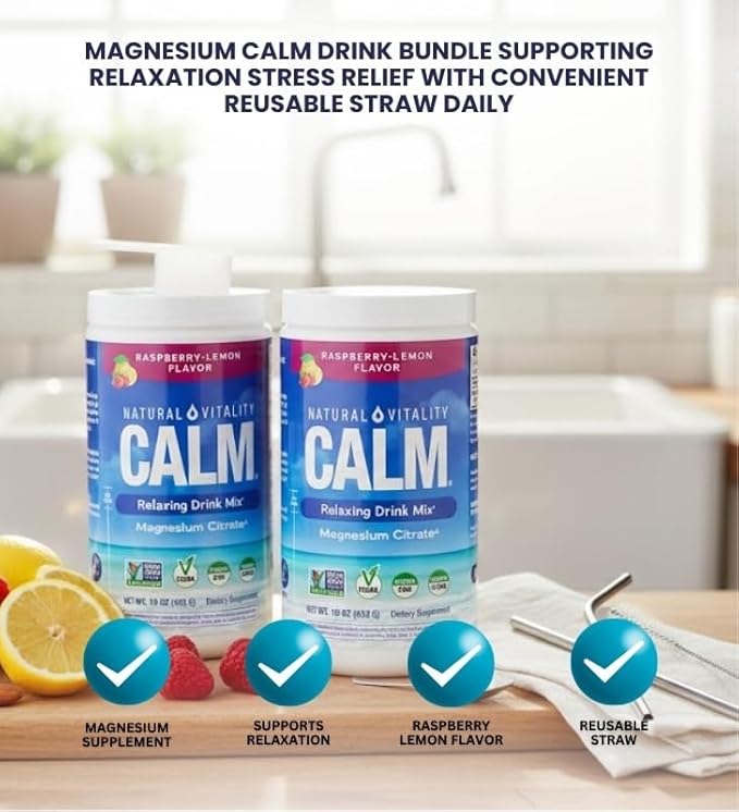 Natural Vitality Calm Magnesium Powder — Vitamin Calm Raspberry Lemon (16oz) Bundle with Straw for Relaxing Magnesium Drink and Daily Hydration Support — Gift Set (2 Items)