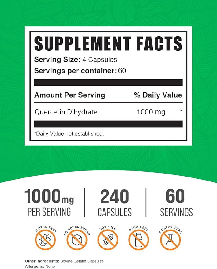 BulkSupplements.com Quercetin Dihydrate Capsules - Quercetin Supplements Antioxidants Supplement - 4 Capsules per Serving 240 Count (Pack of 1)