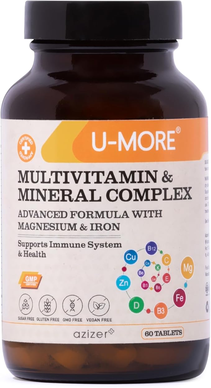 U-MORE Multivitamin &amp Mineral Complex Vegan Sugar-Free Gluten-Free Calcium Magnesium Vitamin A B1 B2 B5 B6 B12 D3 K C Iron Zinc Supports Immune System &amp Overall Health - 60 Ta