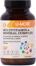 U-MORE Multivitamin &amp Mineral Complex Vegan Sugar-Free Gluten-Free Calcium Magnesium Vitamin A B1 B2 B5 B6 B12 D3 K C Iron Zinc Supports Immune System &amp Overall Health - 60 Ta