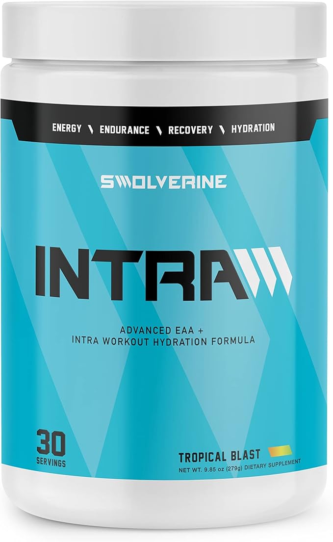 Swolverine Intra | Essential Amino Acids Electrolytes Coconut Water Pomegranate Tart Cherry Spirulina Vegan Non-GMO Gluten Free (30 Servings Tropical Blast)
