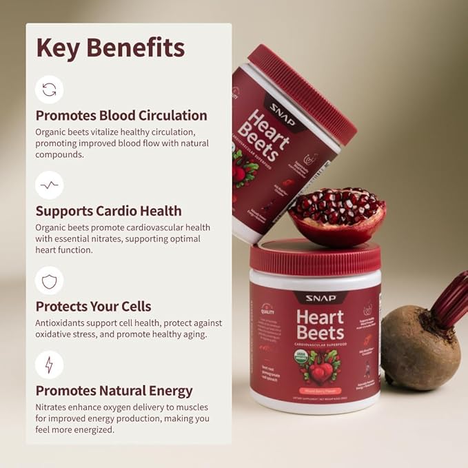 Snap Supplements Heart Beets Organic Beet Root Powder Cardiovascular Support Supplement for Men &amp Women Beets Pomegranate B Vitamins &amp Red Spinach Heart Health Support 30 Servings Mixe