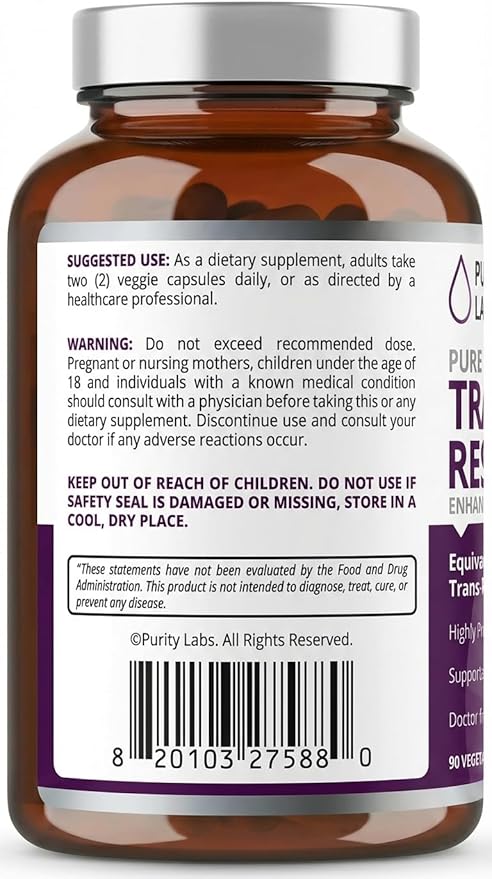 Purity Labs Trans-Resveratrol Supplement 5000 mg Equivalent per Serving with Quercetin USDA Organic High Potency Antioxidant Vegan Capsules 90 Count