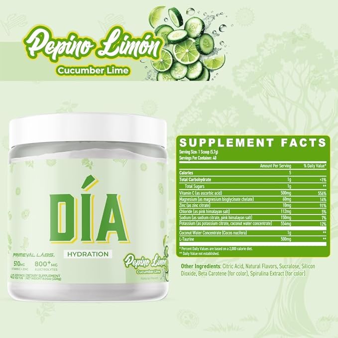 DIA Hydration Electrolyte + Immunity Powdered Drink Mix | Latino Aguas Frescas Flavors | Vitamin C Zinc &amp Taurine |Low Sugar 1 gram per serving |Daily Hydration Drink Mix | 40 Servings | Pepino Li