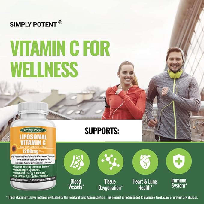 Simply Potent Liposomal Vitamin C 1200mg — 180 Capsules (90 Servings) | High Absorption Fat Soluble VIT C | Sunflower Lecithin | Immune Support Collagen &amp Antioxidant | Non-GMO Vegan | Made in U