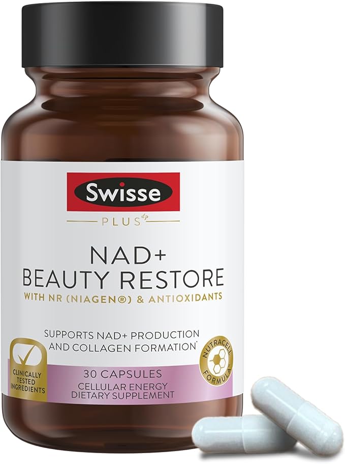 Swisse Plus NAD+ Beauty Restore | Clinically Tested Ingredients | NAD+ Supplement for Men &amp Women | Supports Collagen Formation Skin Elasticity &amp Anti-Aging Supplement | 30 Capsules
