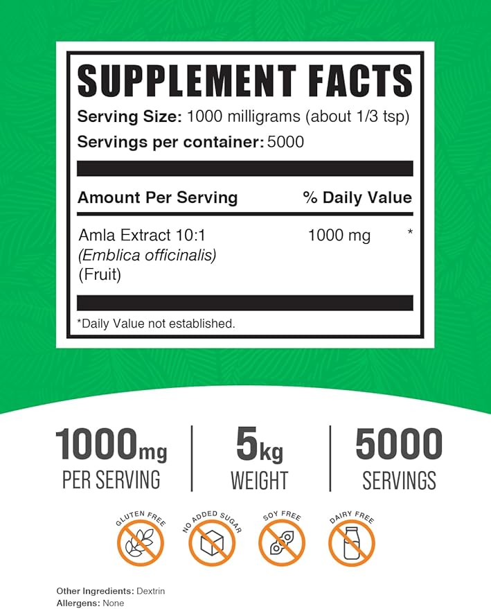 BulkSupplements.com Amla Extract Powder - Indian Gooseberry Extract Amla Powder - Gluten Free 1g per Serving 1kg (Pack of 5) (11 lbs)
