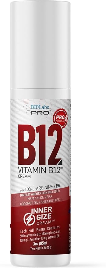 BIOLABS PRO INNERGIZE B12 Cream - All Natural Topical B12 w/B6 &amp 10% L-Arginine - Advanced Neurological &amp PreWorkout Support - Professional Grade Methyl B12 - B6