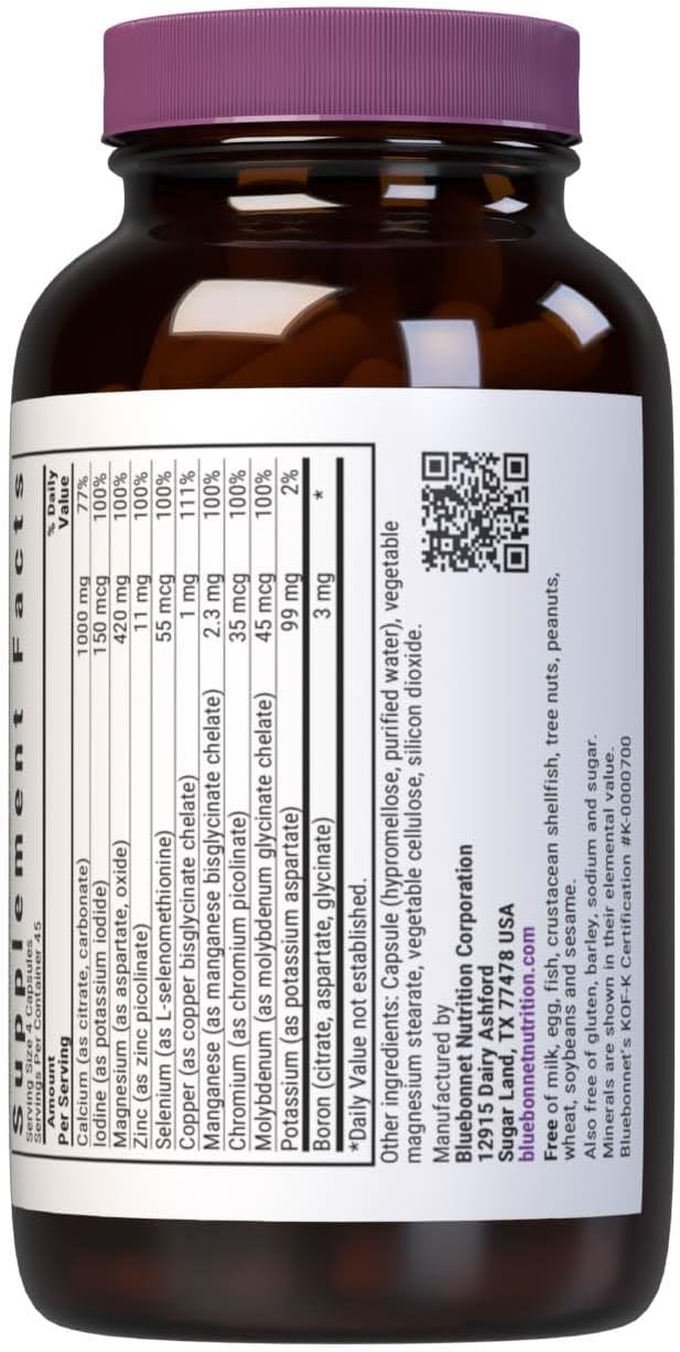 Bluebonnet Multi Minerals Supplement Plus Boron Chelated Magnesium Potassium Copper Selenium Manganese Chromium &amp Zinc Complex for Women &amp Men - No Iron Non-GMO Gluten-Free - 180 Vegetable C