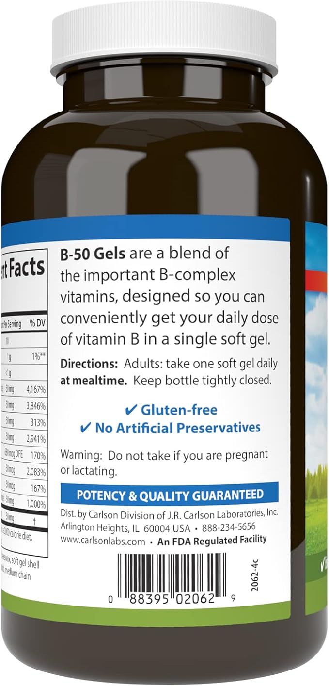 Carlson - B-50 Gels Vitamin B Complex Energy Production Cellular Support &amp Optimal Wellness 200 Softgels