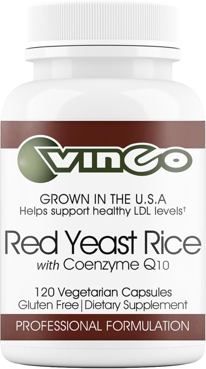 Vinco Inc– Red Yeast Rice with Coenzyme Q10 Dietary Supplement | (120 Capsules) | Supports Healthy Cholesterol Heart Function &amp Circulation | Grown in the USA | Gluten Free