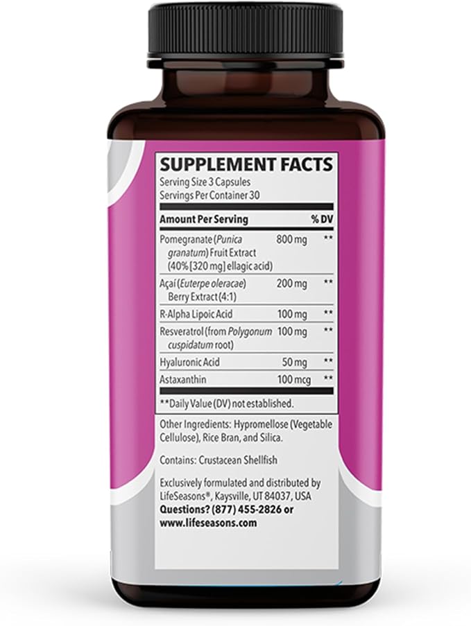 LifeSeasons Ageless Skincare - Anti Aging Supplement - Antioxidant Support - Moisturizes &amp Nourishes Skin - Acai Berry Astaxanthin Resveratrol R-Alpha Lipoic Acid &amp Pomegranate Extract - 90 Ca