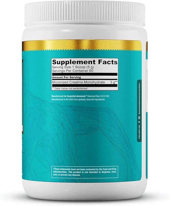 Essential Elements Micronized Creatine Monohydrate Powder for Men &amp Women - Unflavored &amp Easily Dissolved - 60 Servings