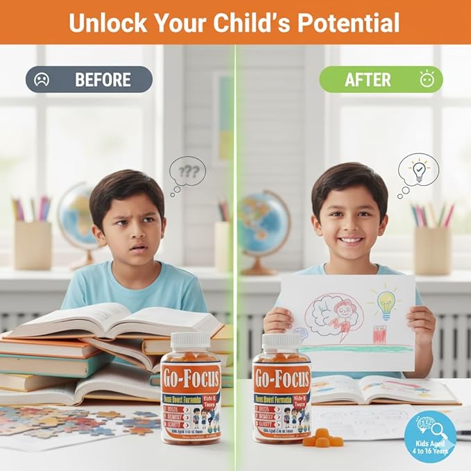 BrightKids Brain Supplements for Memory and Focus Omega 3 &amp DHA Focus Gummies for Kids Memory Booster Focus Supplement for Kids &amp Teens- Low-Sugar Natural Fruit Flavor 60 Gummies