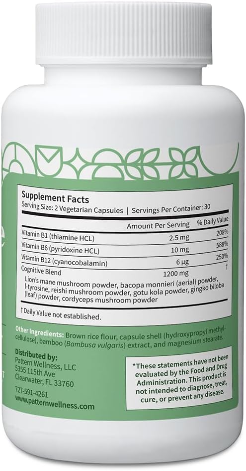 Pattern Wellness Cognitive Complex Supplement – Supports Brain Health &amp Mental Clarity – with Lion’s Mane Bacopa &amp B Vitamins – 60 Vegetarian Capsules