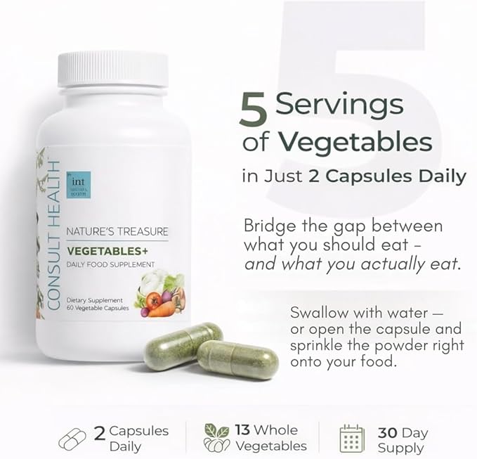 Consult Health Nature's Treasure 60 Mega Fruit and 60 Veggie Capsules100% Whole Natural Green and Red Superfood Plant Based Nutrition Supports Energy Levels Grown and Made in the USA - (2Pack)