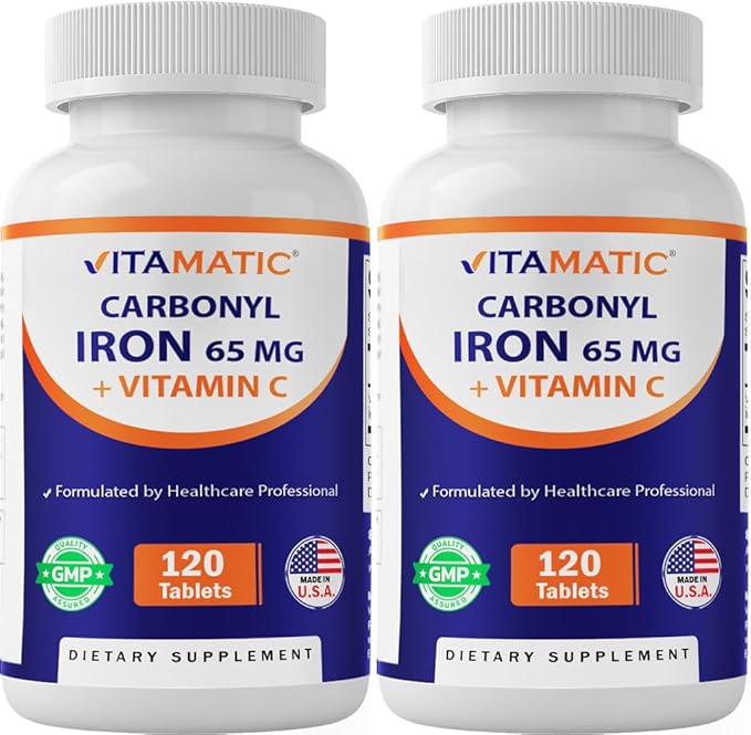 Vitamatic Carbonyl Iron 65 mg with Vitamin C – 120 Tablets - Gentle Iron Supplement for Energy &amp Immune Support – High Absorption – 2 Pack