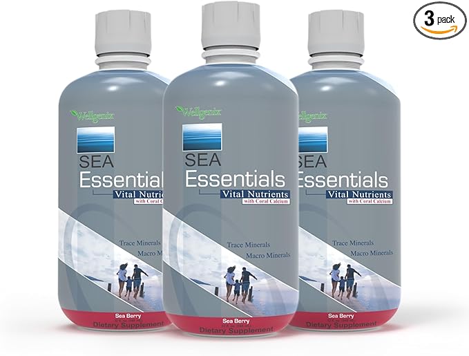 Wellgenix Sea Essentials Vital Nutrients - Coral Calcium Liquid Multivtamin - Adults &amp Kids Daily Supplement - Nutritional Sea Vegetation Mineral Drink - Sea Berry Flavor 32oz (3) (Packaging May V