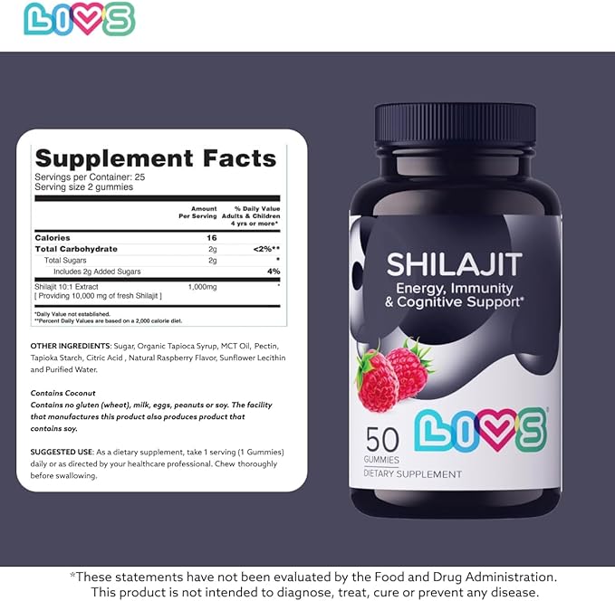 LIVS Shilajit Gummies for Men &amp Women – 1000mg Pure Himalayan Resin Extract Rich in Fulvic Acid &amp 85+ Trace Minerals – Natural Energy &amp Immune Support Supplement – Vegan Raspberry Flavor