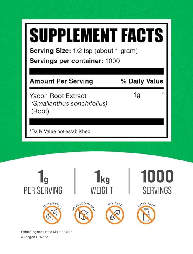 BulkSupplements.com Yacon Root Extract Powder - Sugar Substitute Natural Fiber Sweetener - Gluten Free 1g per Serving 1kg (2.2 lbs) (Pack of 1)