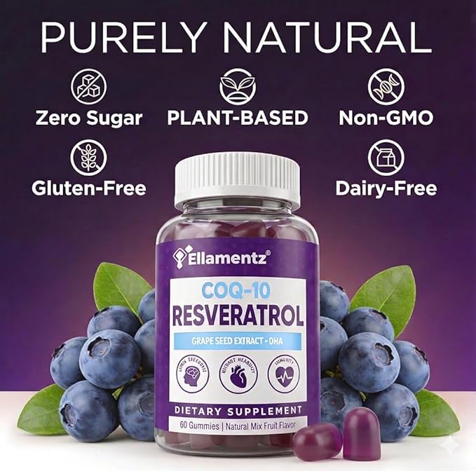 7-in-1 Trans-Resveratrol Gummies 500mg Complex - with CoQ10 DHA Vitamin C E &amp Grape Seed - Support Healthy Aging &amp Vitality - Zero Sugar Blueberry Flavor -120 Count (60-Day Supply / 2 Pack)