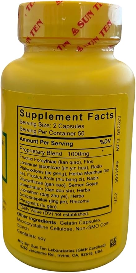 Sun Ten - Lonicera &amp Forsythia Formula Capsules/Yin Qiao San/銀翹散 - 100 Capsules