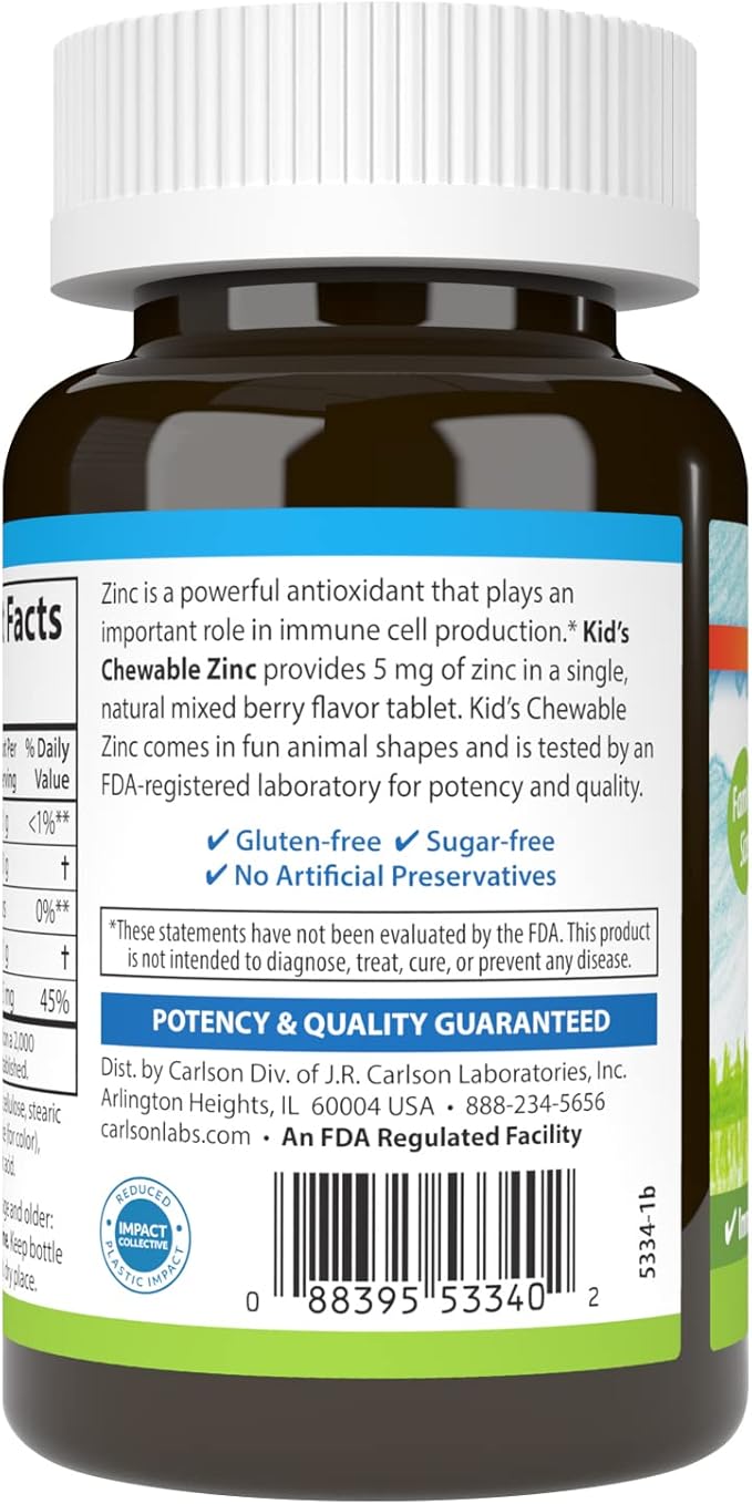 Carlson - Kid's Chewable Zinc 5 mg Health Support Natural Mixed Berry Flavor 160 Tablets