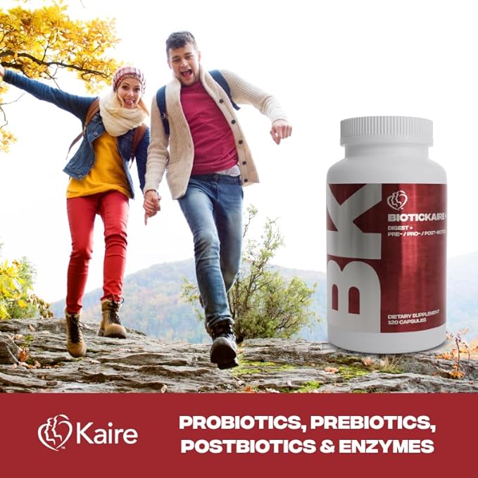 Kaire BioticKaire+ Multi-Action Digestive Enzymes – Probiotics Prebiotics Postbiotics &amp Enzymes – Daily Wellness for Health &amp Support Supplement (120 Capsules)