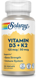 SOLARAY Vitamin D3 K2 - Bone Health and Immune Support Supplement - With 5000 IU Vitamin D as Vit D3 and 50 mcg Vitamin K2 as Menoquinone MK7 Made Without Soy 60-Day Guarantee 120 Serv 120 VegCaps