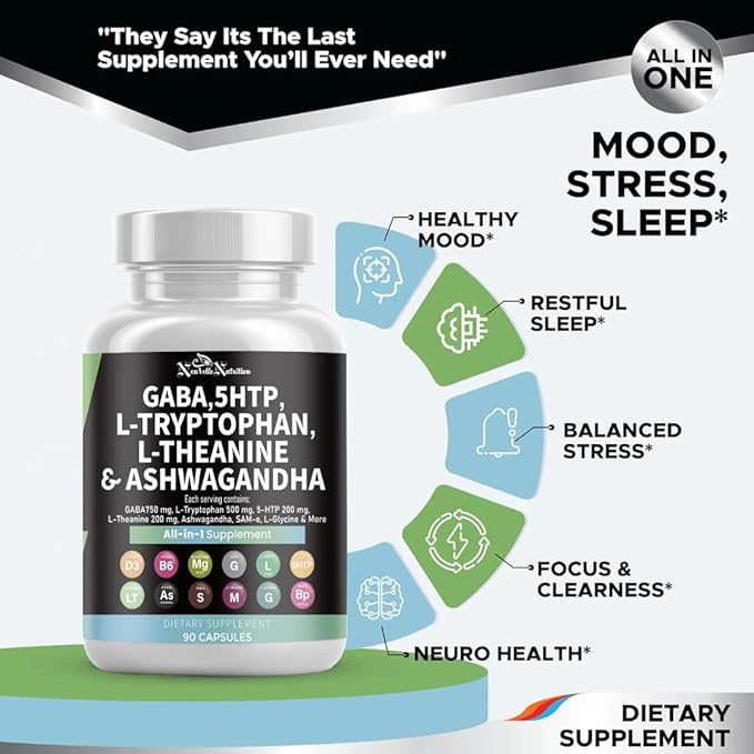 GABA Pills with 5-HTP Extract L-Tryptophan L-Theanine Ashwagandha Vitamins D3 B6 Magnesium L-Tyrosine L-Glycine Sam-e &amp Black Pepper Mood Support Supplement
