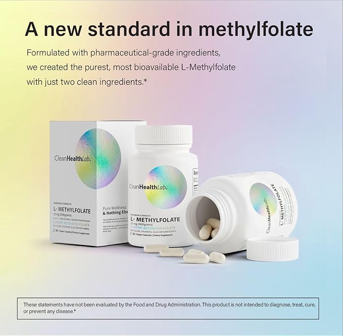 CleanHealthLab L-Methylfolate 15mg 5-MTHF Active Folate - Maximum Potency Methylated Vitamin B9 Supplement - Support for Brain Health Energy Nerves and Methylation with No Fillers (90 Count)