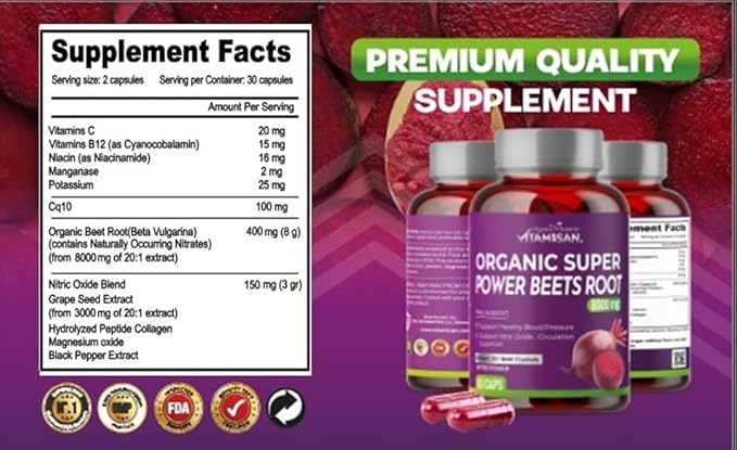 VITAMISAN Beets Root 8000mg – 2 Pack (120 Capsules) – Blood Pressure Support with CoQ10 and Collagen