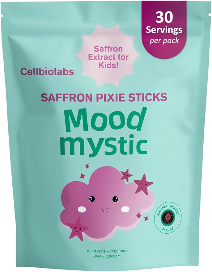 Saffron for Kids – Natural Mood Magic Pixie Stick Powder with Saffron Extract Magnesium Citrate L-Tryptophan &amp Vitamin D3 | Sugar-Free Fruity Drink Mix | 30 Sticks | Ages 4+