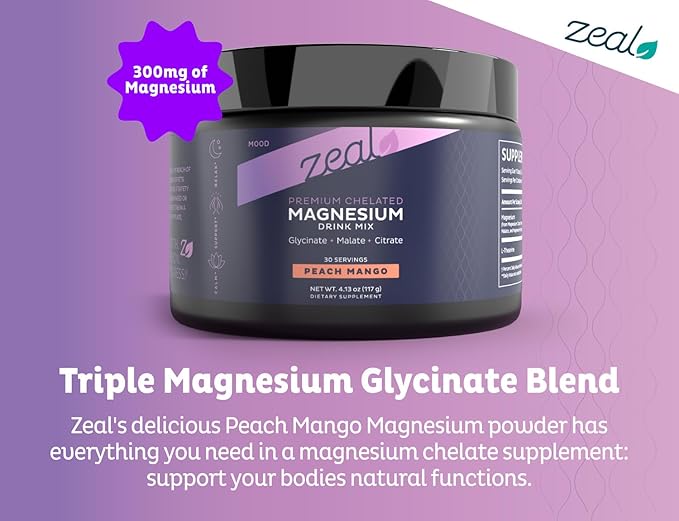 Premium Chelated Peach Mango Magnesium Glycinate Malate Citrate Triple Blend Magnesium Complex (Drink Mix (30 Serv.)