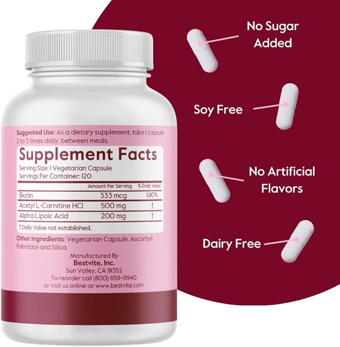 BESTVITE Acetyl L-Carnitine 500mg &amp Alpha Lipoic Acid 200mg per Capsule with Biotin (240 Vegetarian Capsules) (120 x 2) - No Stearates - Vegan - Non GMO - Gluten Free