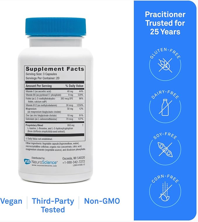 Neuroscience TravaCor - Mood Support Supplement with L-Theanine 5 HTP and B Vitamins - GABA and Serotonin for Stress and Emotional Support (60 Capsules)