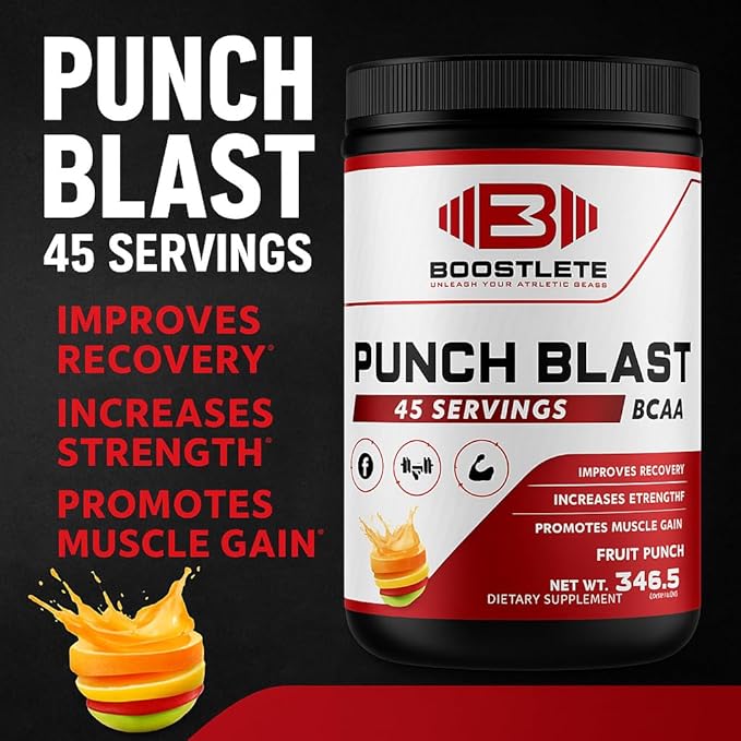 Punch Blast BCAA Powder – Fruit Punch Flavor – Intra Workout Amino Acids with Glutamine &amp Vitamin B6 – 45 Servings – Muscle Recovery &amp Strength Support Supplement