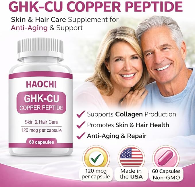 GHK-Cu Copper Peptide Supplement 120mcg Vegan High Potency Promotes Skin Repair Radiant Skin Elasticity Anti-Aging &amp Hair Growth Support-60ct