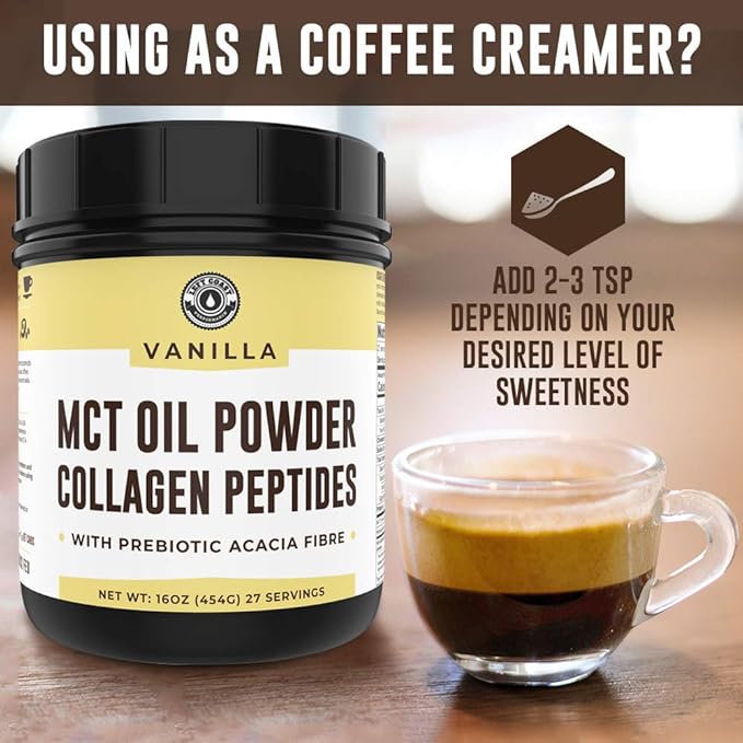 MCT Oil Powder with Acacia Fiber &amp Collagen Peptides – Prebiotic Collagen Protein 10g MCTs from Coconuts Sugar Free Keto Coffee Creamer – Grass Fed Vanilla Flavor Non-GMO Gluten Free 16 oz