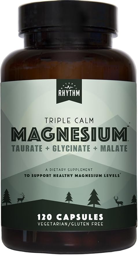 Natural Rhythm Triple Calm Magnesium Complex - 120 Capsules Chelated Magnesium Glycinate Taurate &amp Malate High Absorption Supplement for Sleep Stress Muscle &amp Heart Support Non-GMO Vega
