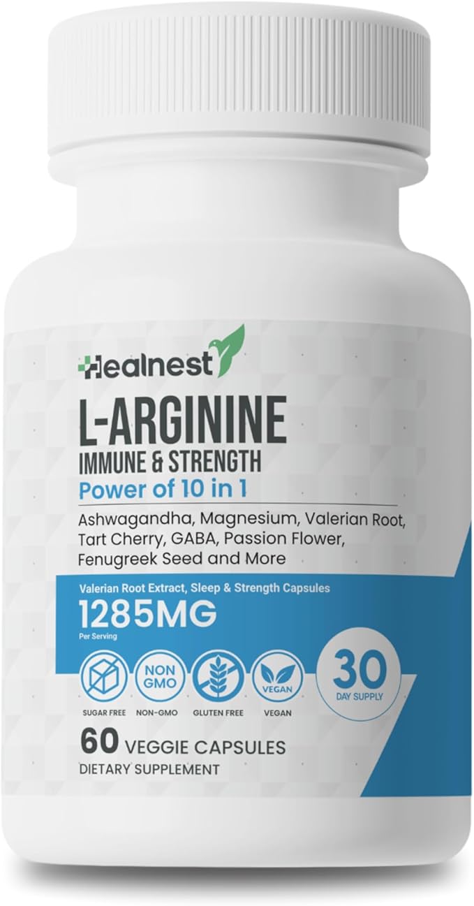L-Arginine Capsules - 1285MG Blend of Ashwagandha L-Theanine Magnesium GABA Zinc &amp Tart Cherry - Non-GMO 60 Veggie Capsules for Men and Women