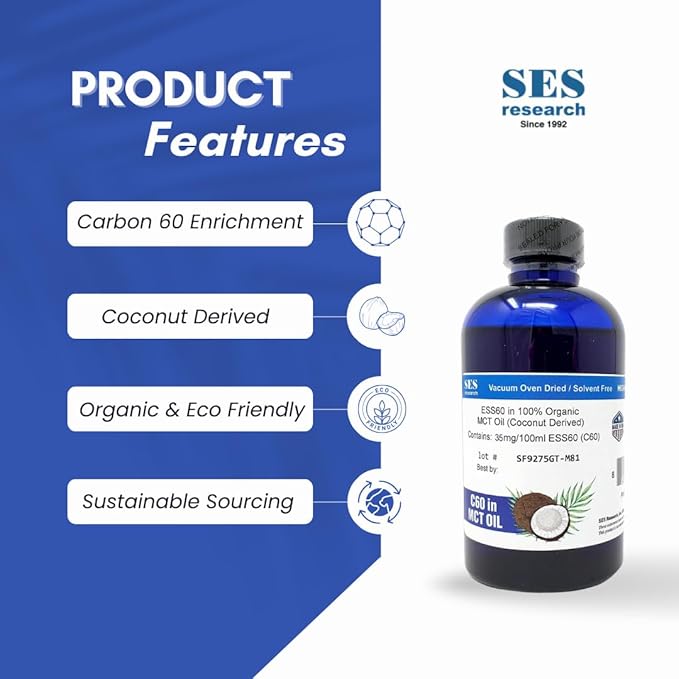 SES Research C60 Organic MCT Oil Coconut Derived - 99.99% Carbon60 - Antioxidant Nootropic Supplement - For Longevity - Sleep - Energy &amp Immunity 4Oz