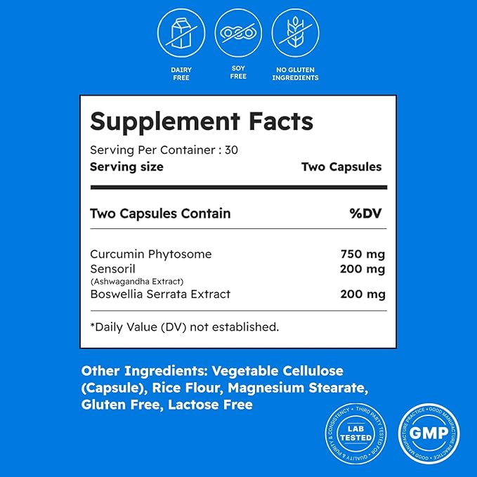 Premium Curcumin Phytosome 750mg Ashwagandha for Stress &amp Balance Sensoril &amp Boswellia Support for Mind &amp Body High Bioavailability 60 Capsules.