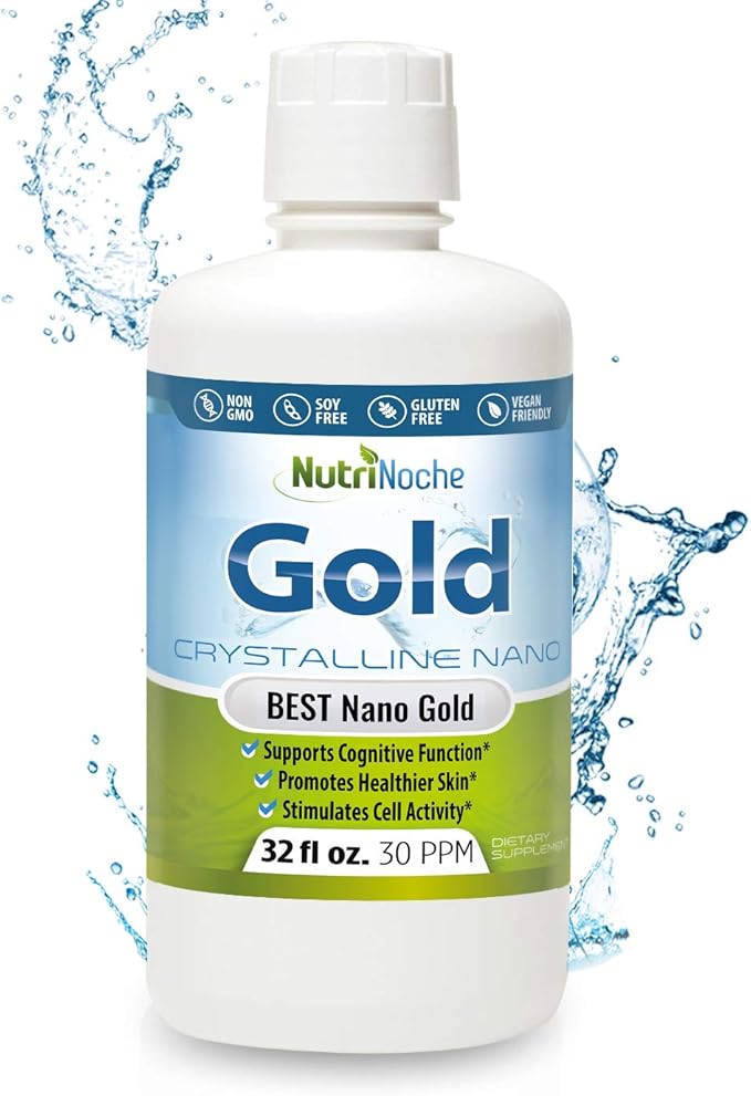 Colloidal Gold Liquid Organic Supplement by Nutrinoche - 100% Pure Nano Gold Mineral - Supports Mental Clarity Focus &amp Relaxation - 32 oz Bottle - Vegan Gluten-Free - Crystalline- 30 ppm