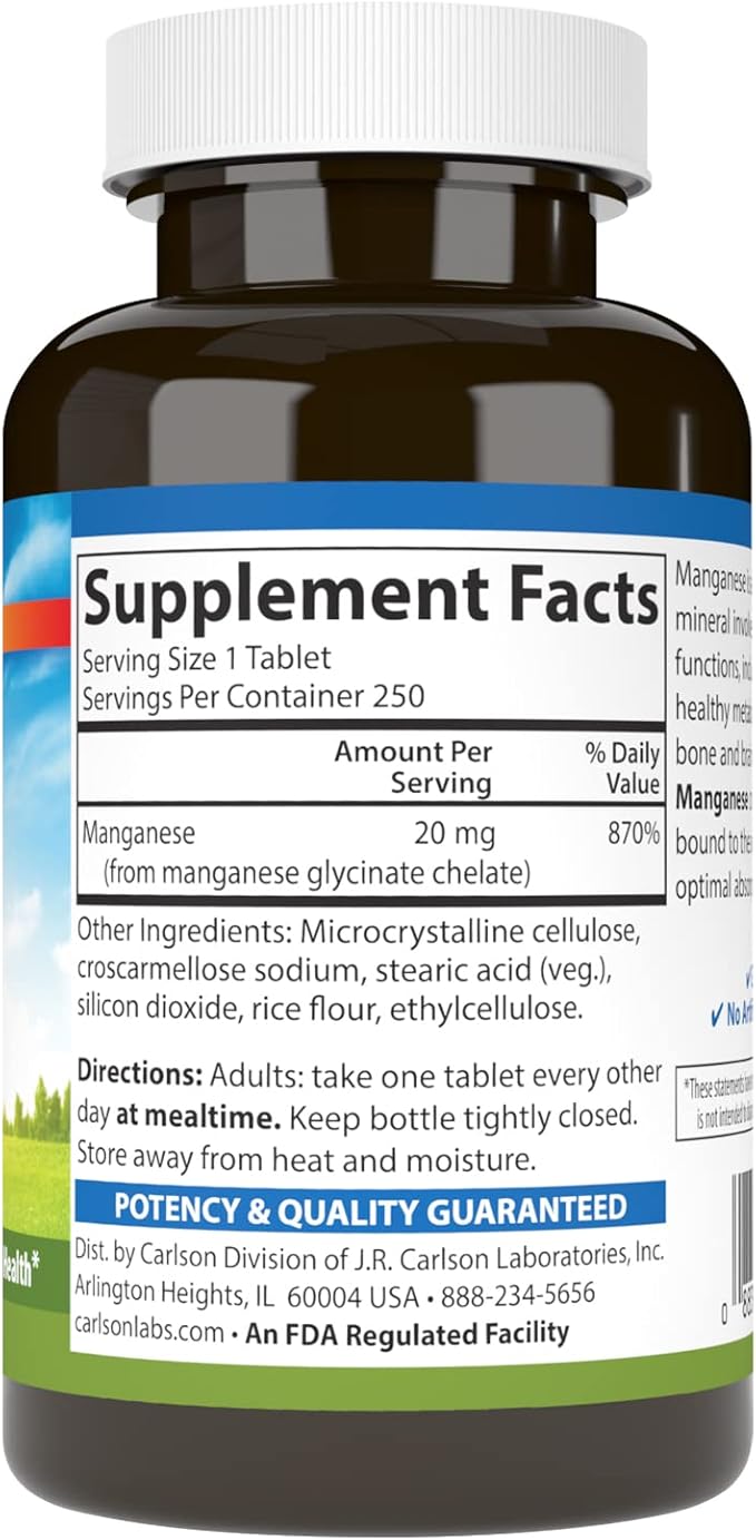 Carlson - Chelated Manganese 20 mg - Superior Absorption Healthy Metabolism Bone Support &amp Brain Health 250 Tablets