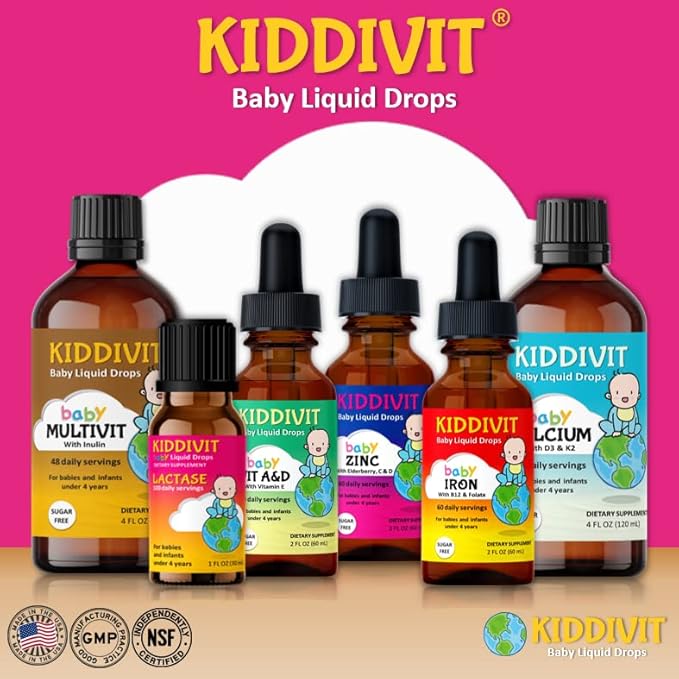 Kiddivit Baby Lactase Drops 1000 Units – Gentle Digestive Support Enzyme Supplement – 100 Daily Servings – Built-In Dropper Glass Bottle – Gluten Free Vegetarian 1oz