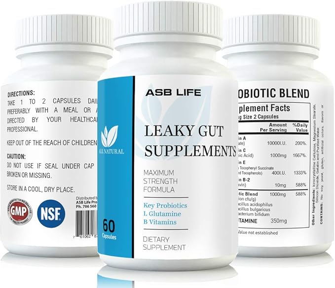 Flush Leaky Gut Supplements IBS Bloating nipation Supports Relief of Heartburn Gas SIBO L Glutamine Key Probiotics B Vitamins Vitamin A