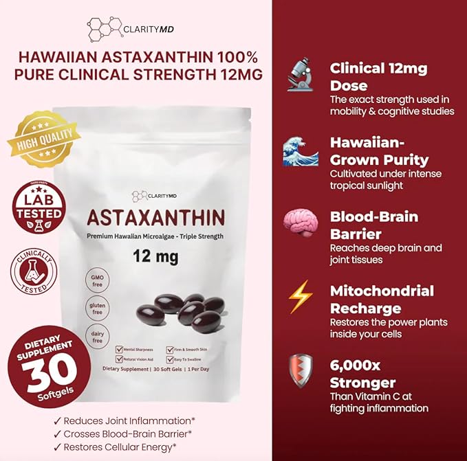 Astaxanthin 12mg Antioxidants Supplement – Natural Microalgae Source – Lipid-Based Softgel for Enhanced Absorption – Cognitive Vision &amp Joint Support – 30 Softgels (Pack of 2)